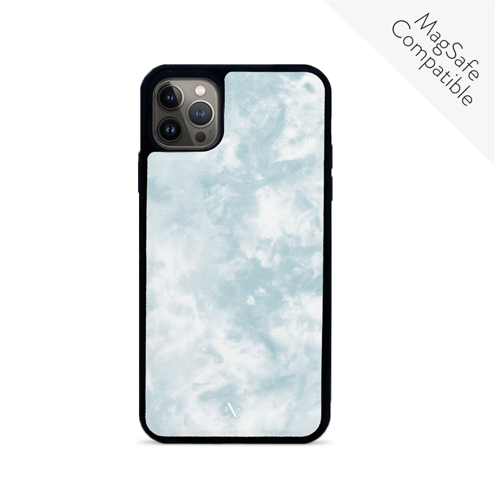 Tie Dye Blue Fever leather case for iPhone 14 Pro, featuring a vibrant tie-dye pattern and soft rubber rim for protection.