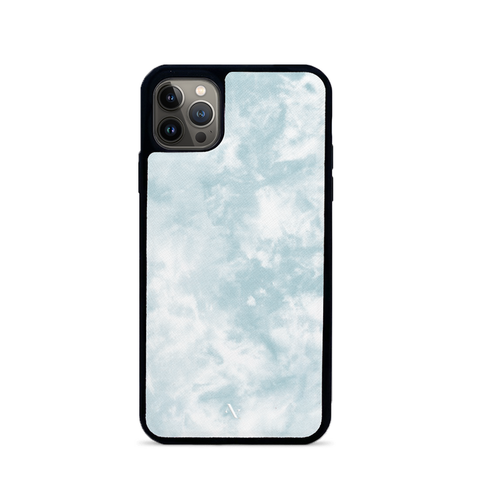 Tie Dye Blue Fever leather case for iPhone 14 Pro, featuring a vibrant tie-dye pattern and soft rubber rim for protection.