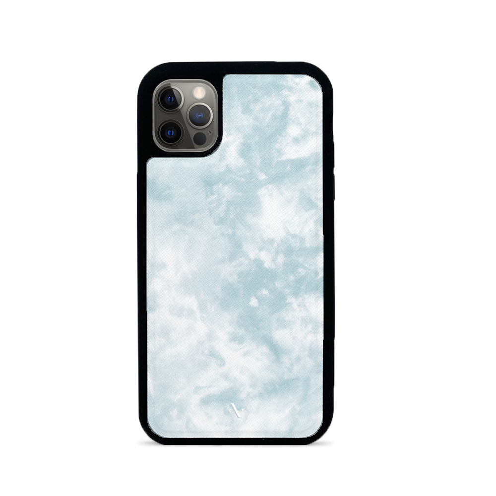 Tie Dye Blue Fever leather case for iPhone 14 Pro Max, featuring a vibrant blue tie-dye pattern and vegan saffiano leather material.