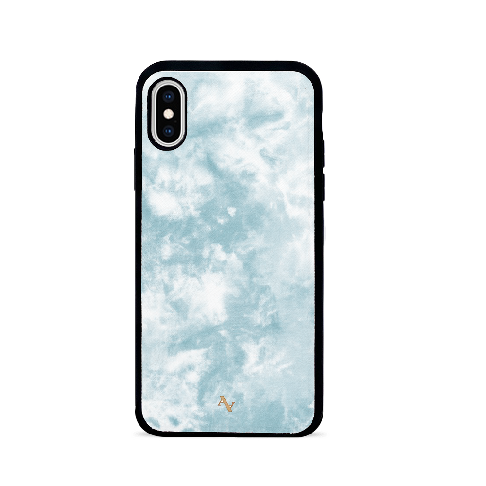 Tie Dye Blue Fever leather case for iPhone X/XS featuring a vibrant blue tie-dye pattern and genuine saffiano leather with a soft rubber rim.