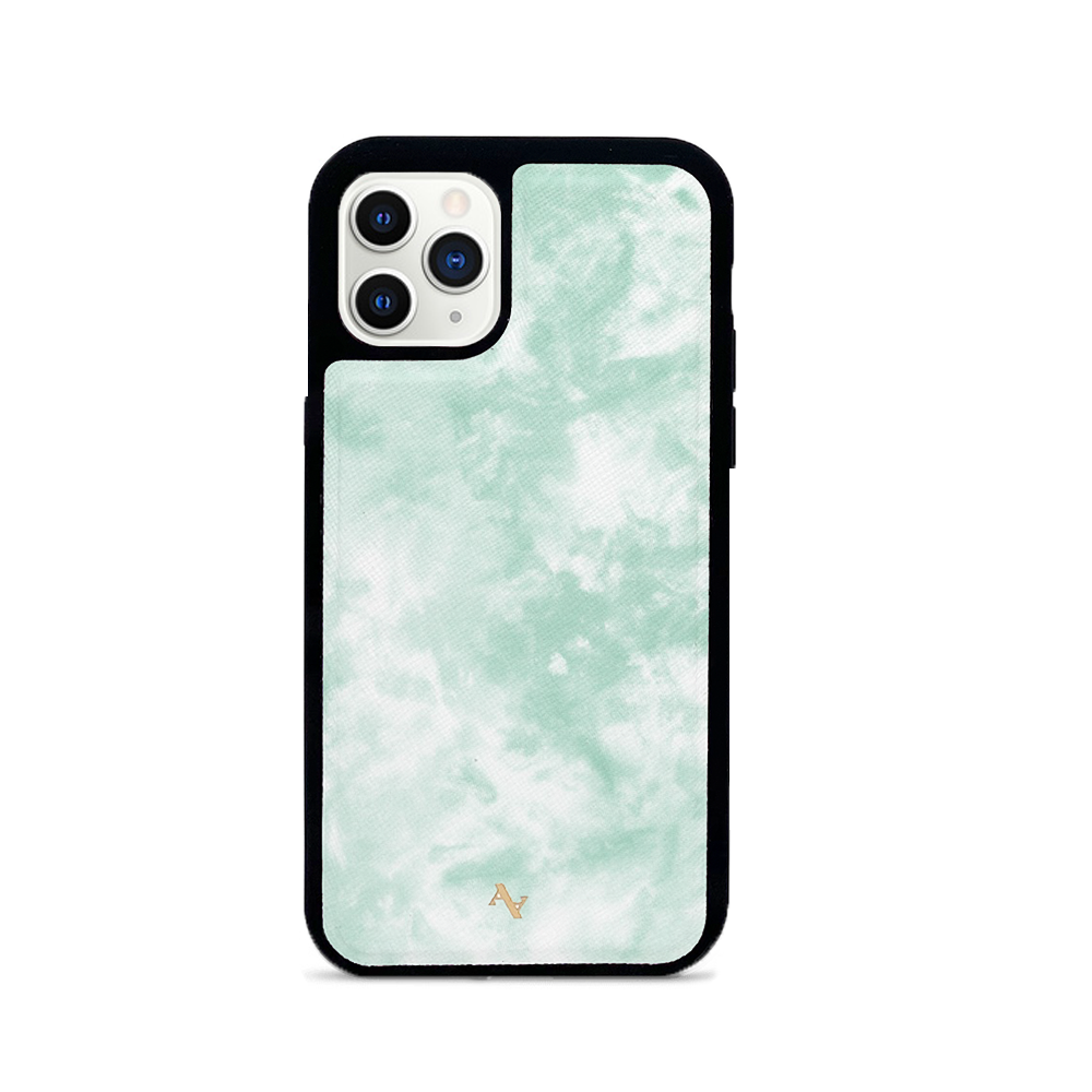 Tie Dye Green Fever leather case for iPhone 11 Pro, featuring a vibrant tie-dye design and genuine saffiano leather with a soft rubber rim.