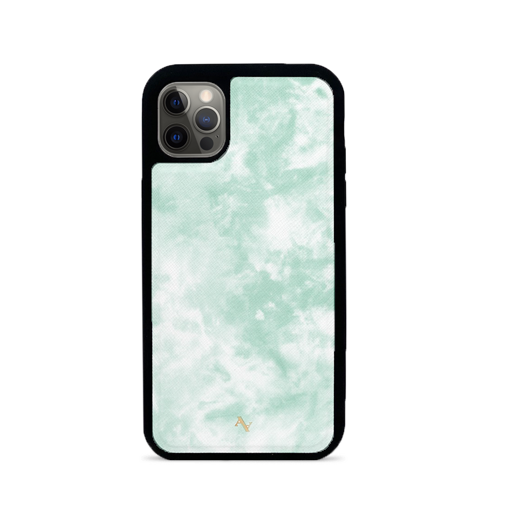 Tie Dye Green Fever iPhone 12 Pro Max case featuring saffiano leather and customizable designs.