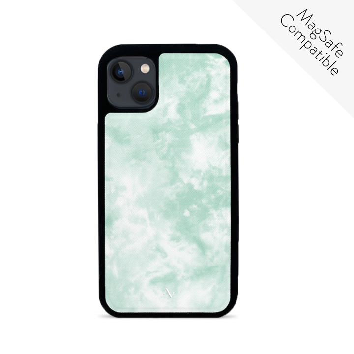 Tie Dye Green Fever iPhone 13 Leather Case featuring vegan saffiano leather and a soft rubber rim, customizable with monogram.