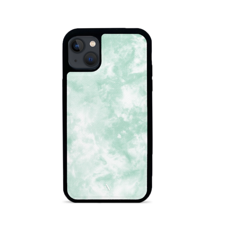 Tie Dye Green Fever iPhone 13 Mini Leather Case featuring vegan saffiano leather and a soft rubber rim, personalized with monogram options.