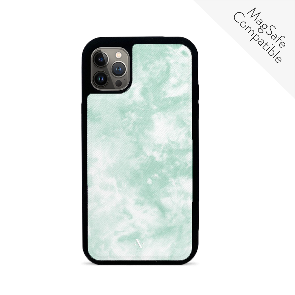 Tie Dye Green Fever iPhone 13 Pro Max case made of vegan saffiano leather with a soft rubber rim, featuring a vibrant tie-dye pattern.