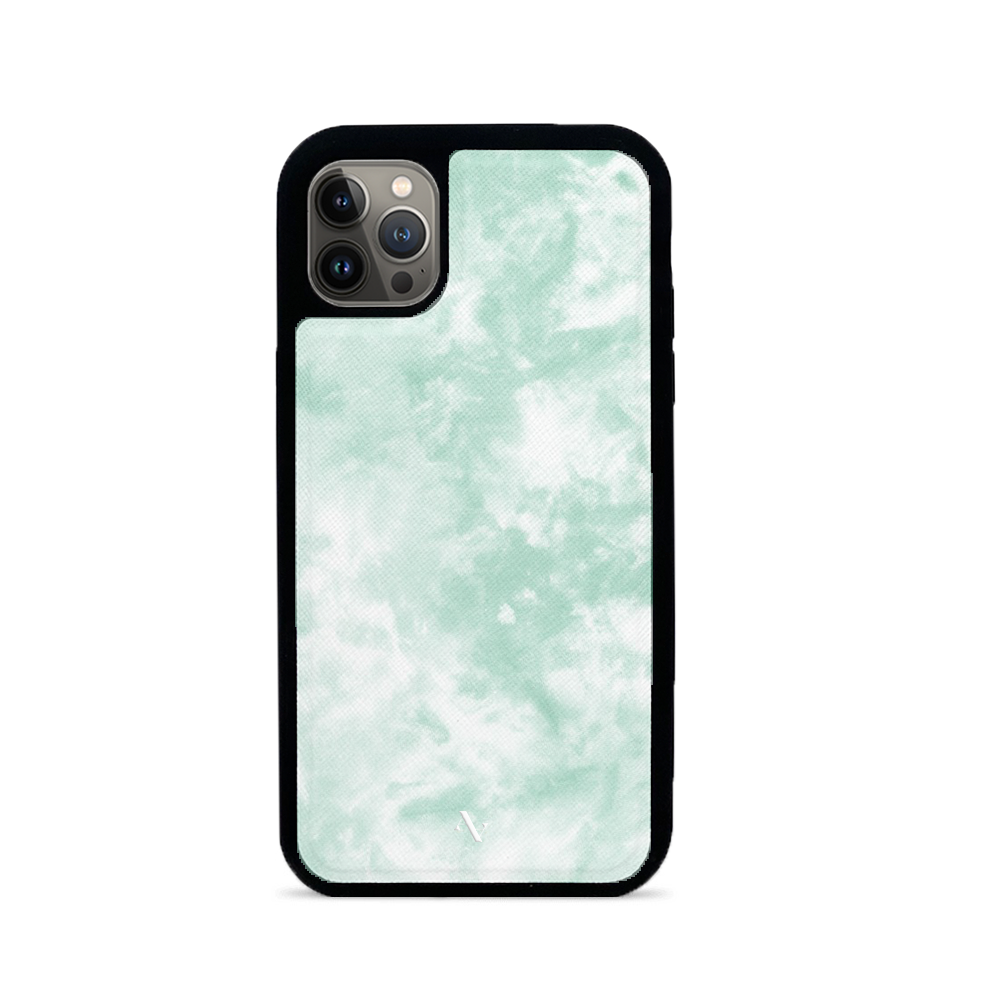 Tie Dye Green Fever iPhone 13 Pro Max case made of vegan saffiano leather with a soft rubber rim, featuring a vibrant tie-dye pattern.