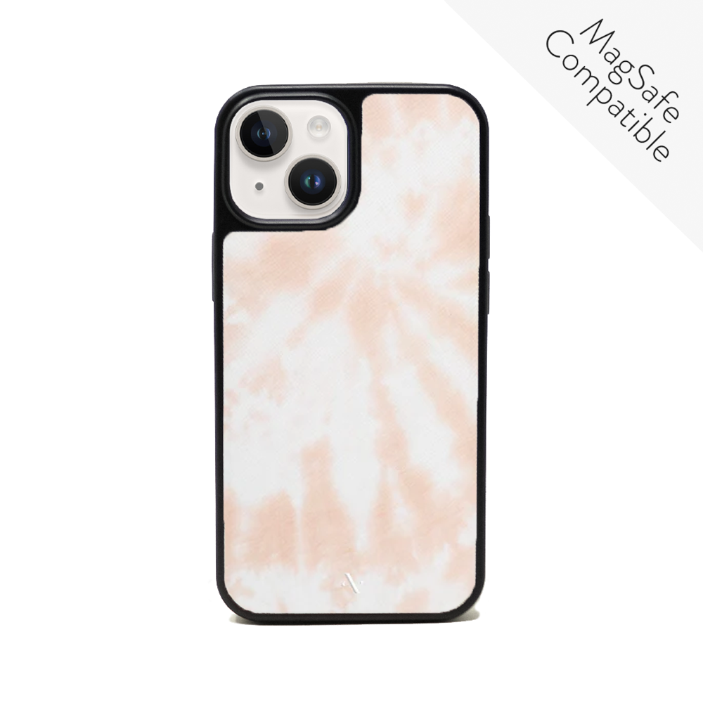 Tie Dye Melon Fever iPhone 14 leather case featuring vibrant colors and a soft rubber rim for protection.