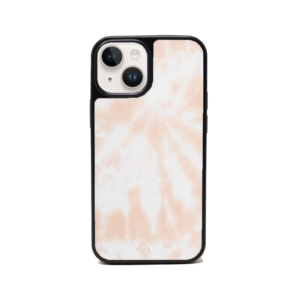 Tie Dye Melon Fever iPhone 14 Plus leather case featuring vibrant colors and a soft rubber rim for protection.