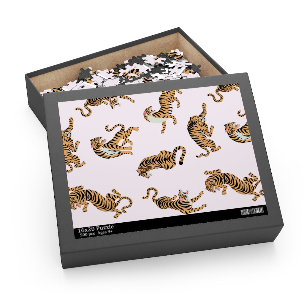 A vibrant 500-piece jigsaw puzzle featuring a majestic tiger, showcasing high-quality chipboard pieces in a glossy finish.