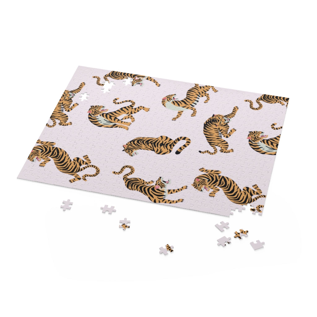 A vibrant 500-piece jigsaw puzzle featuring a majestic tiger, showcasing high-quality chipboard pieces in a glossy finish.