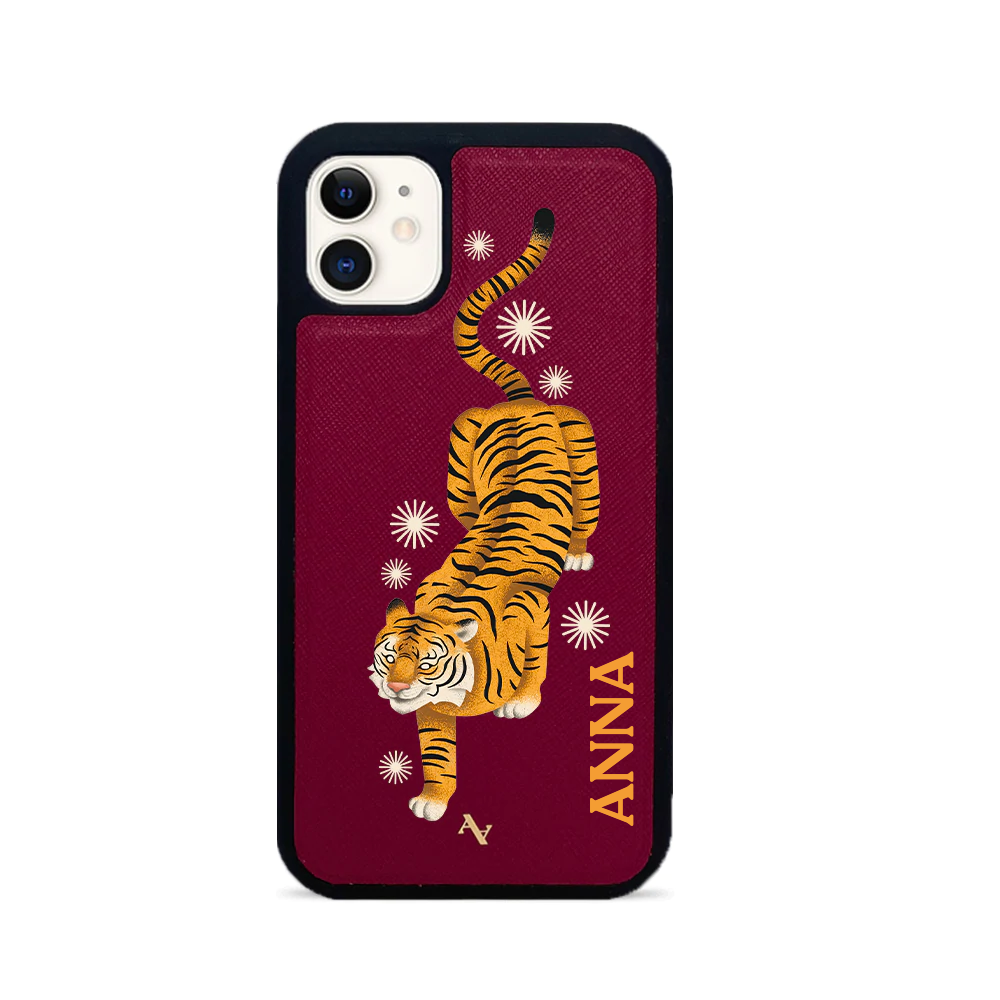 Tiger Red iPhone 11 Leather Case made from genuine saffiano leather with a soft rubber rim, showcasing personalization options.