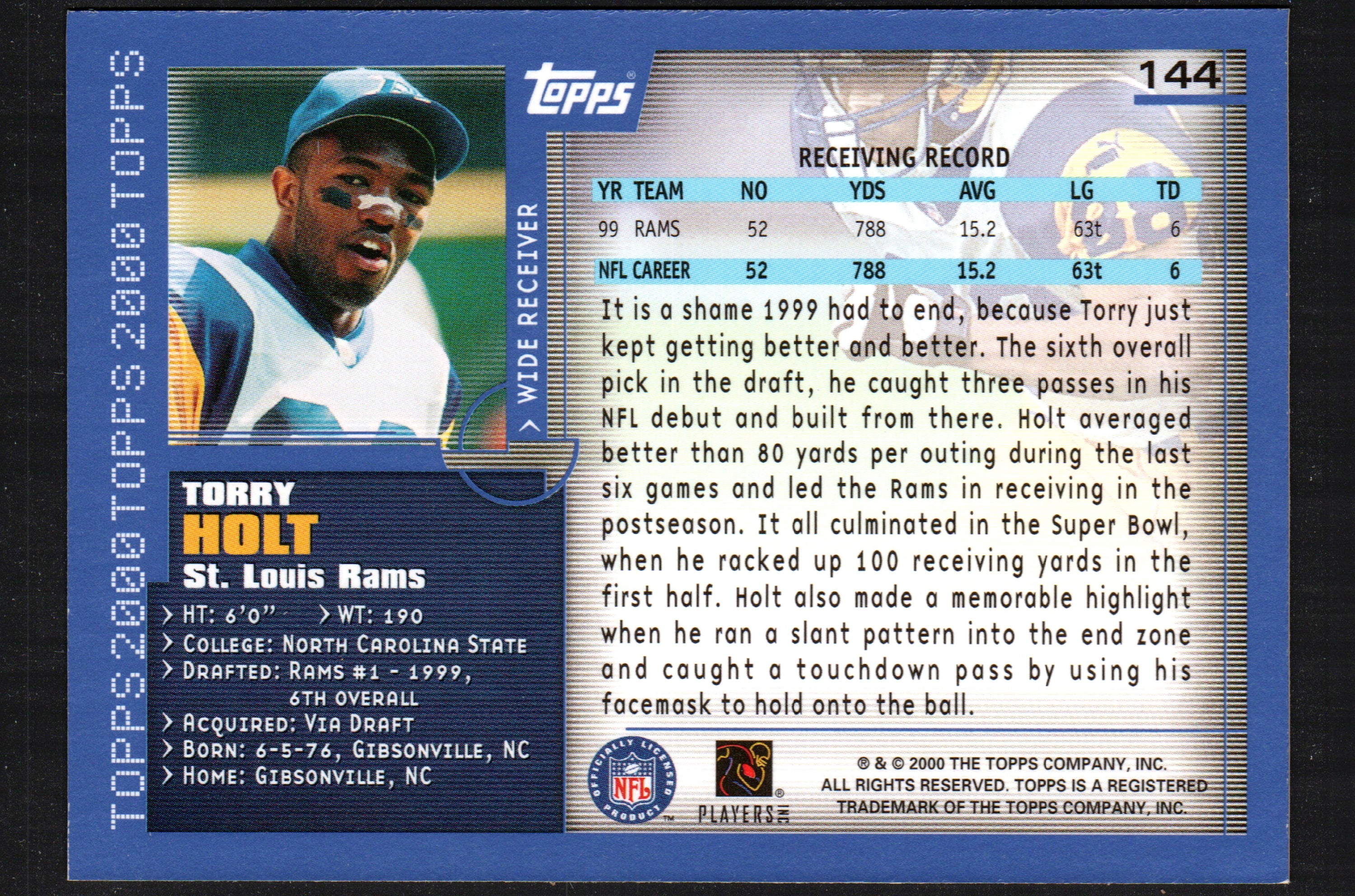 2000 Topps Chrome trading card featuring Torry Holt of the St. Louis Rams, card number 144, showcasing vibrant colors and glossy finish.