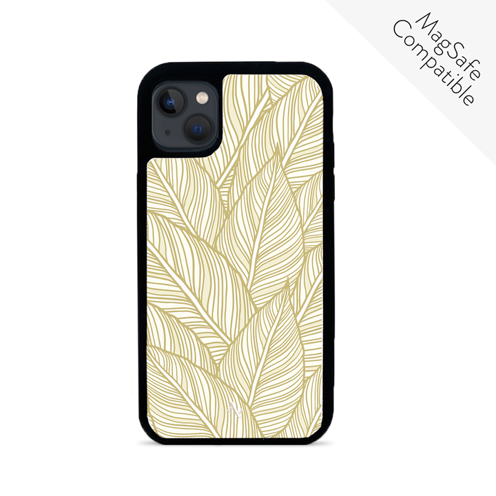 Tropical Plants iPhone 13 Leather Case featuring vegan saffiano leather with a soft rubber rim, showcasing personalized design options.