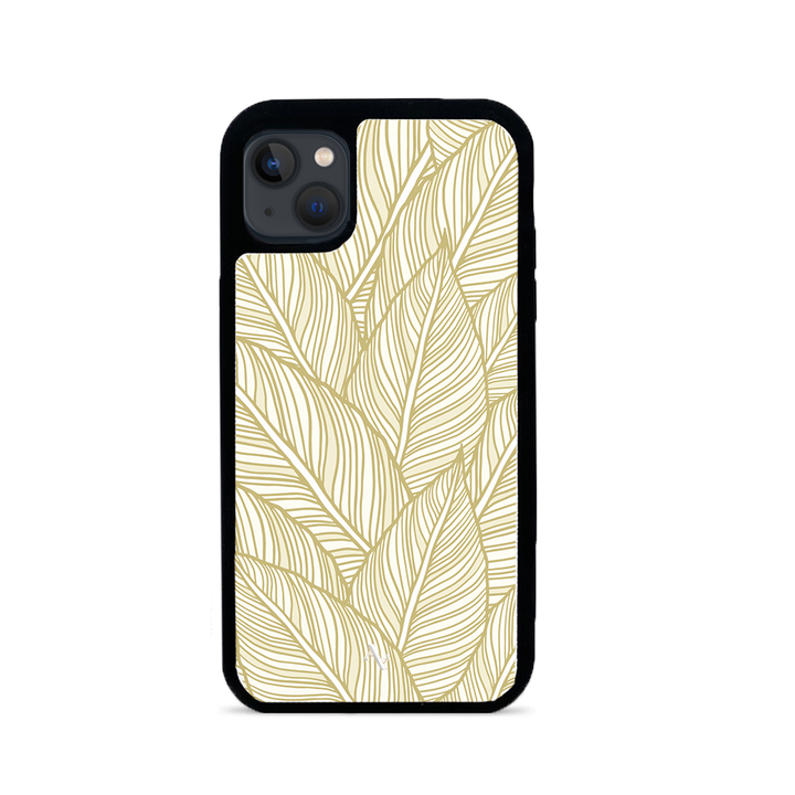 Tropical Plants iPhone 13 Leather Case featuring vegan saffiano leather with a soft rubber rim, showcasing personalized design options.