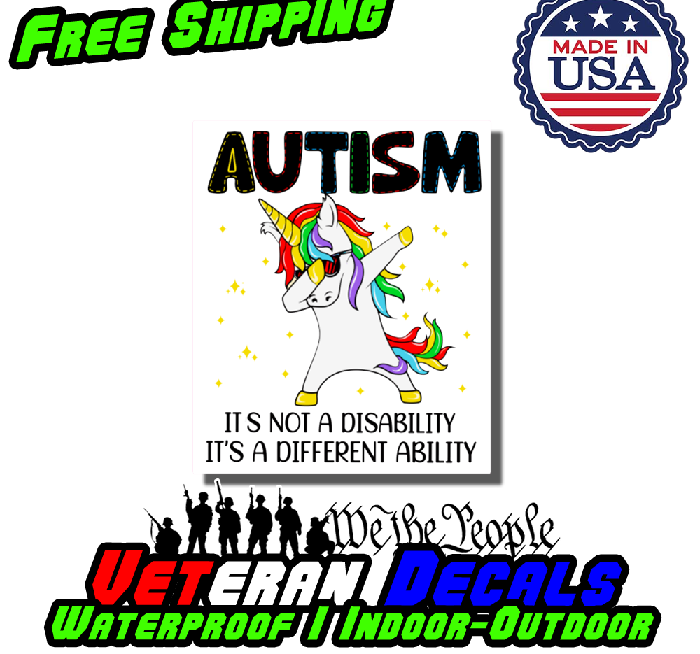 Colorful Unicorn Ability Vinyl Sticker for Autism awareness, featuring a unicorn design, suitable for car windows and various surfaces.