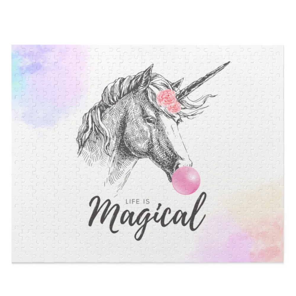 A colorful 500-piece jigsaw puzzle featuring a magical unicorn scene, beautifully packaged in a gift-ready box.