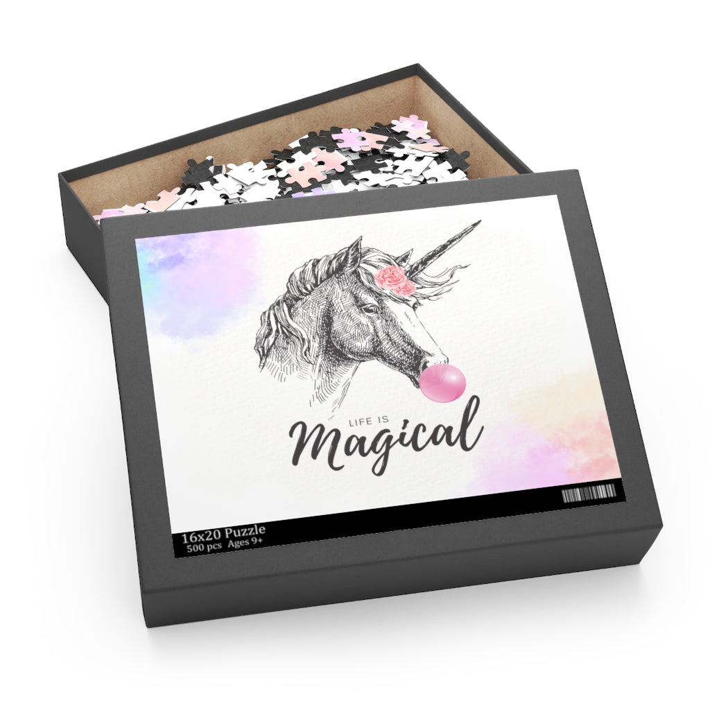 A colorful 500-piece jigsaw puzzle featuring a magical unicorn scene, beautifully packaged in a gift-ready box.