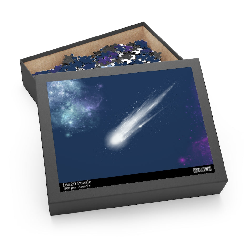 Universe with Darting Comet Jigsaw Puzzle featuring 500 high-quality chipboard pieces in a vibrant cosmic design.