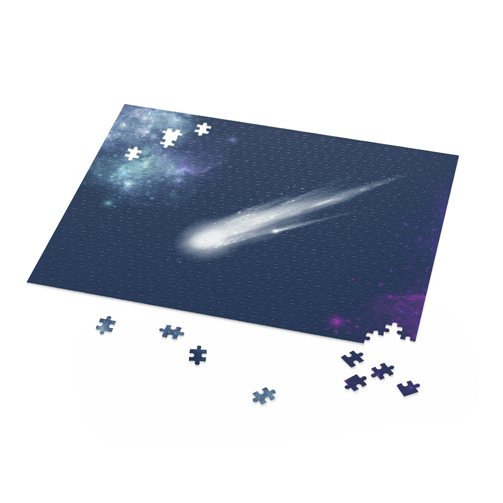 Universe with Darting Comet Jigsaw Puzzle featuring 500 high-quality chipboard pieces in a vibrant cosmic design.