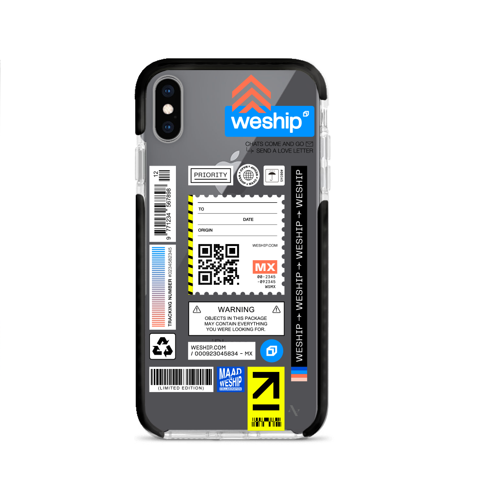 WeShip x MAAD Clear Case for iPhone XS MAX, showcasing a slim and transparent design with customizable features.