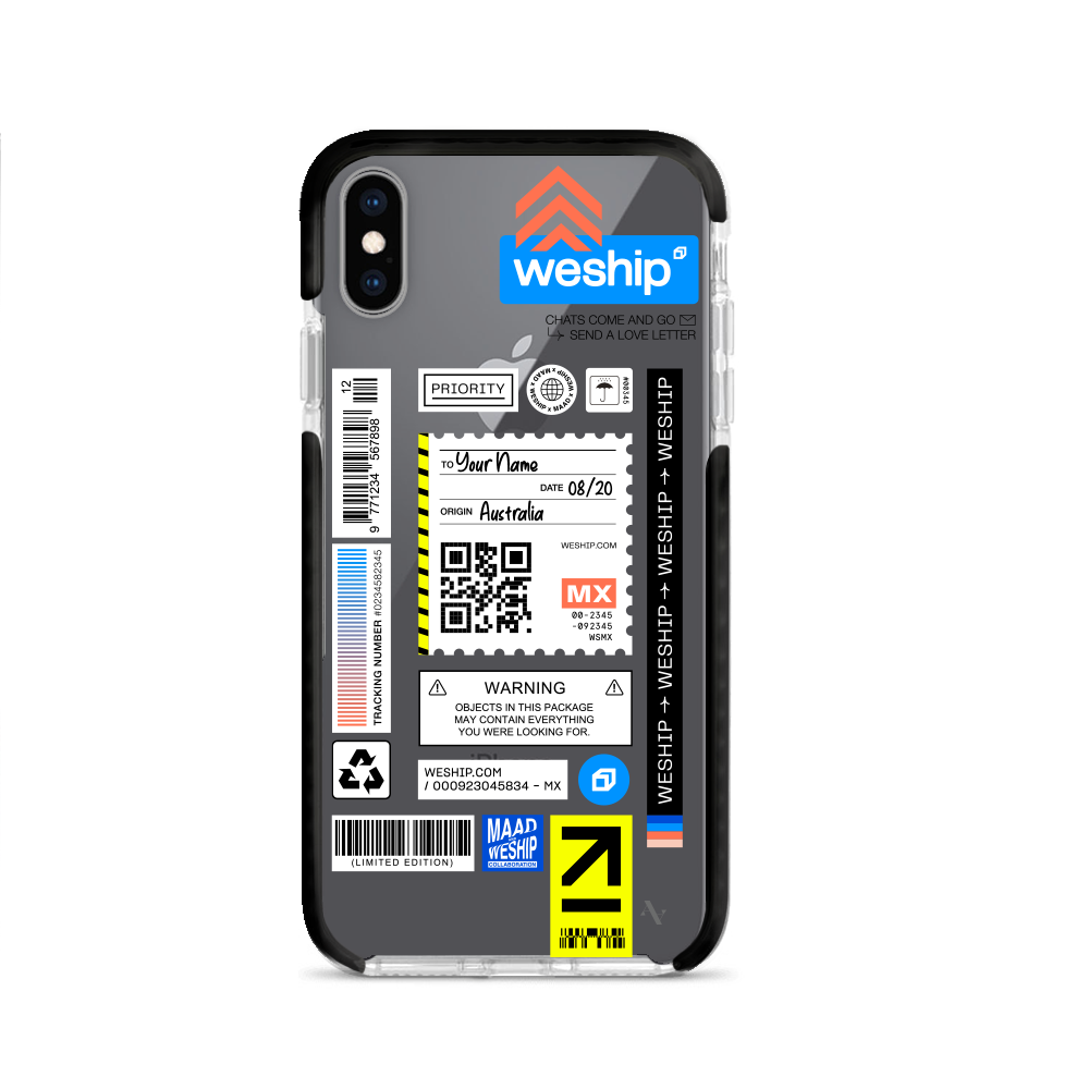 WeShip x MAAD Clear Case for iPhone XS MAX, showcasing a slim and transparent design with customizable features.