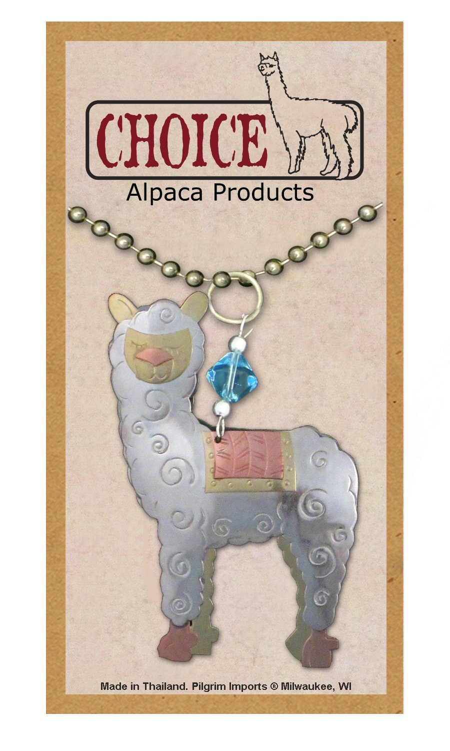 A whimsical alpaca car charm, hand-crafted from plated nickel, copper, and brass, featuring a double-sided design showcasing a cute alpaca.