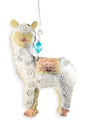 A charming Whimsical Alpaca Ornament, hand-crafted from plated nickel, copper, and brass, featuring a whimsical design perfect for holiday decor.