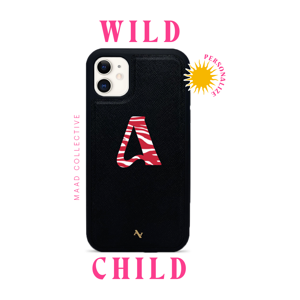 Wild Child Black iPhone 11 Leather Case made from vegan saffiano leather with a soft rubber rim, featuring customizable typography and animal print.