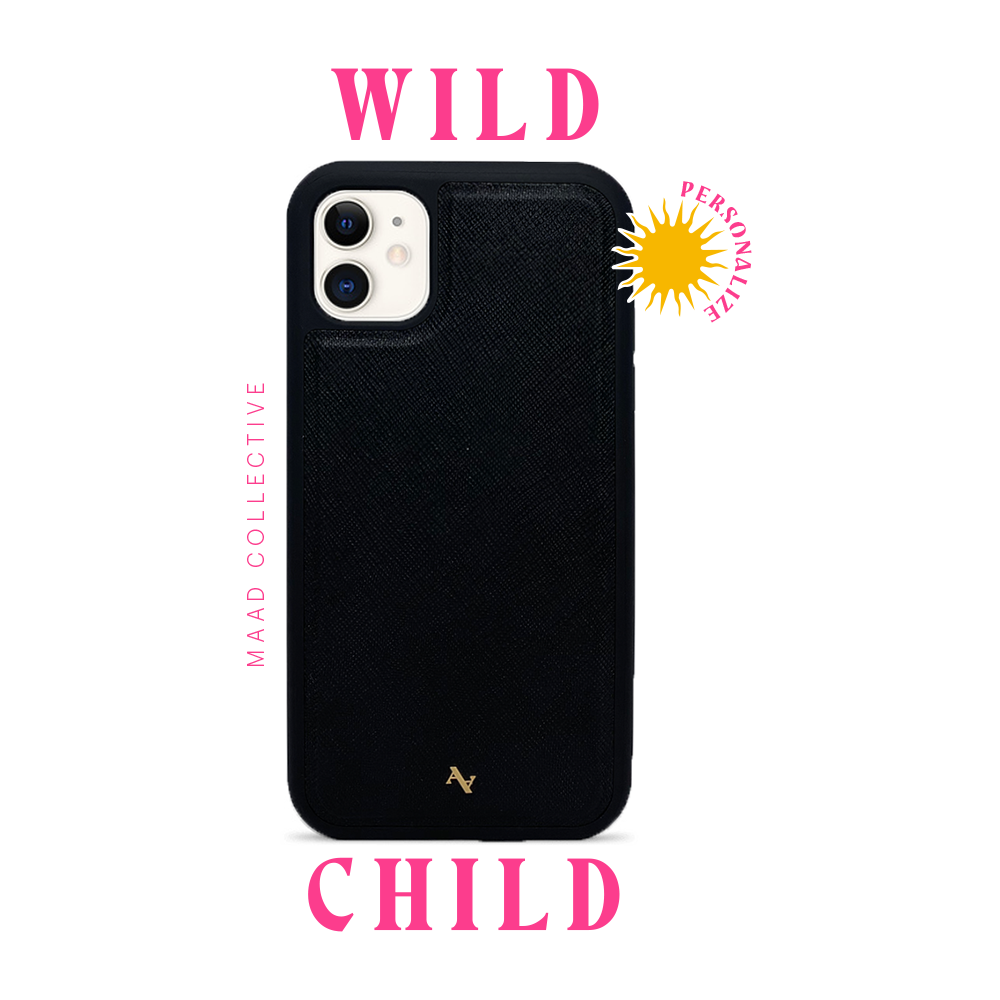 Wild Child Black iPhone 11 Leather Case made from vegan saffiano leather with a soft rubber rim, featuring customizable typography and animal print.