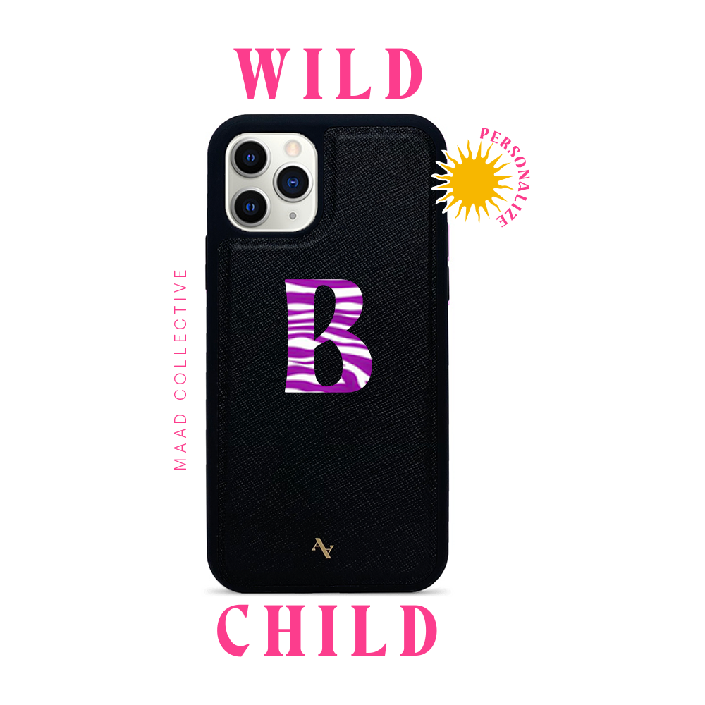 Wild Child Black iPhone 11 Pro Leather Case made from genuine saffiano leather with a soft rubber rim, featuring customizable typography and animal print designs.