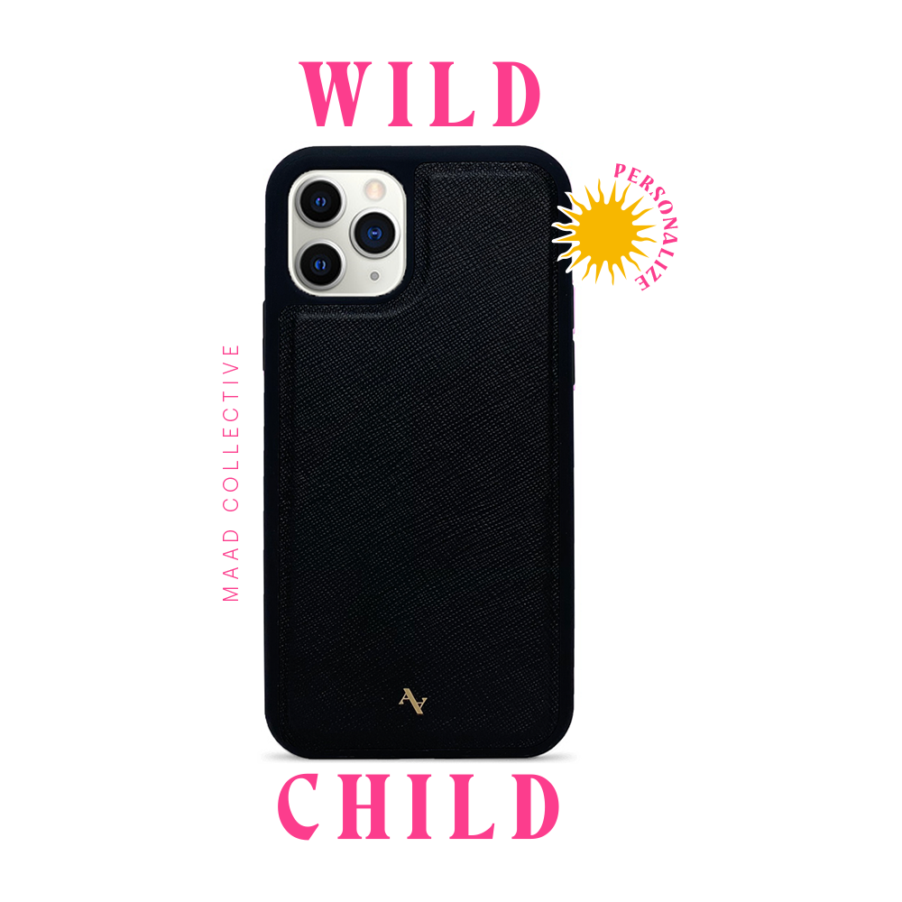 Wild Child Black iPhone 11 Pro Leather Case made from genuine saffiano leather with a soft rubber rim, featuring customizable typography and animal print designs.