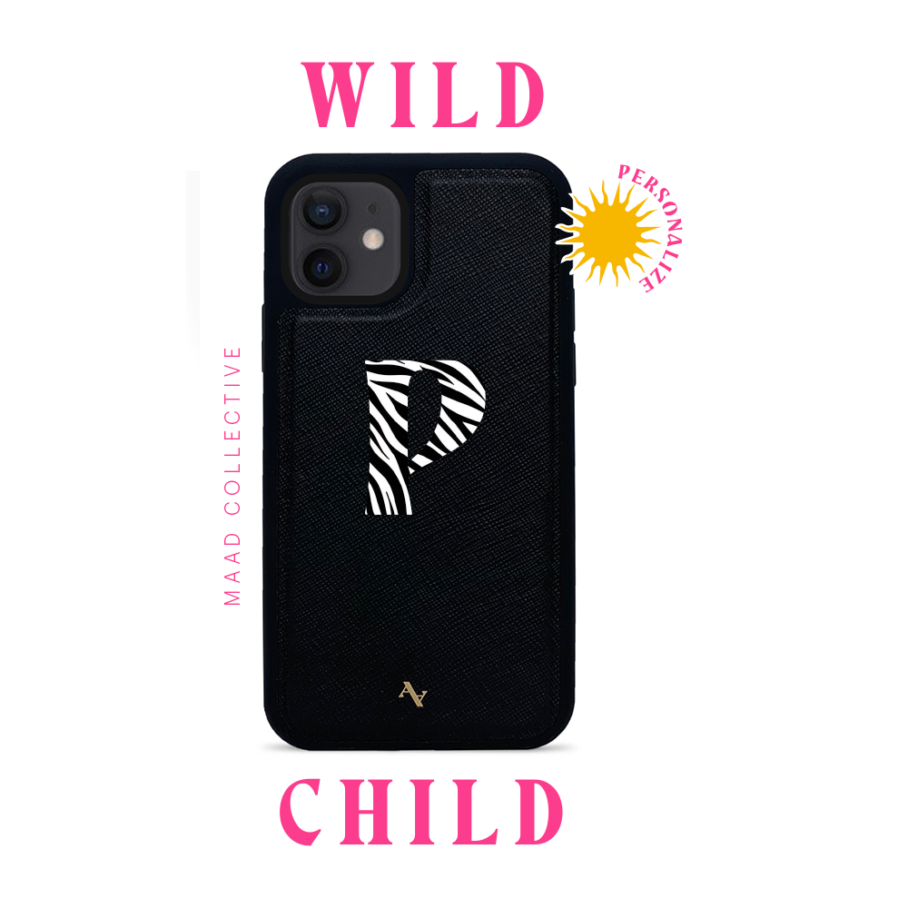 Wild Child Black iPhone 12 Mini Leather Case made from genuine saffiano leather with a soft rubber rim, featuring customizable typography and animal print.