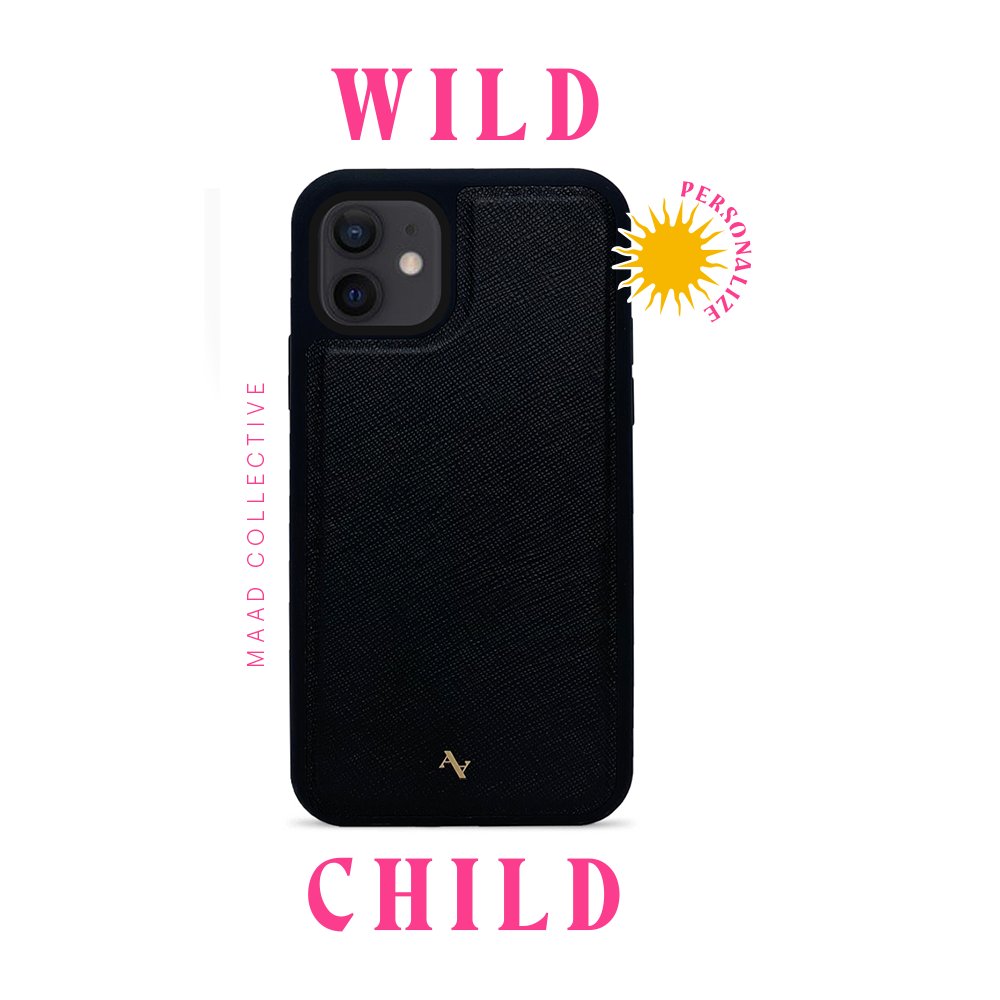 Wild Child Black iPhone 12 Mini Leather Case made from genuine saffiano leather with a soft rubber rim, featuring customizable typography and animal print.