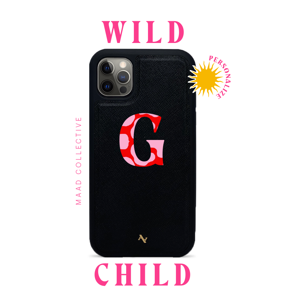 Wild Child Black iPhone 12 Pro Leather Case made from genuine saffiano leather with a soft rubber rim for protection.