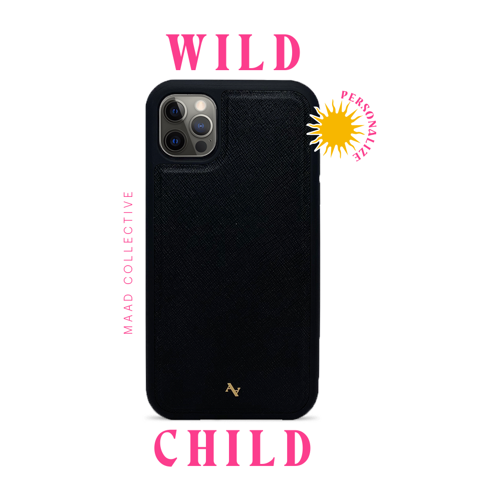 Wild Child Black iPhone 12 Pro Leather Case made from genuine saffiano leather with a soft rubber rim for protection.