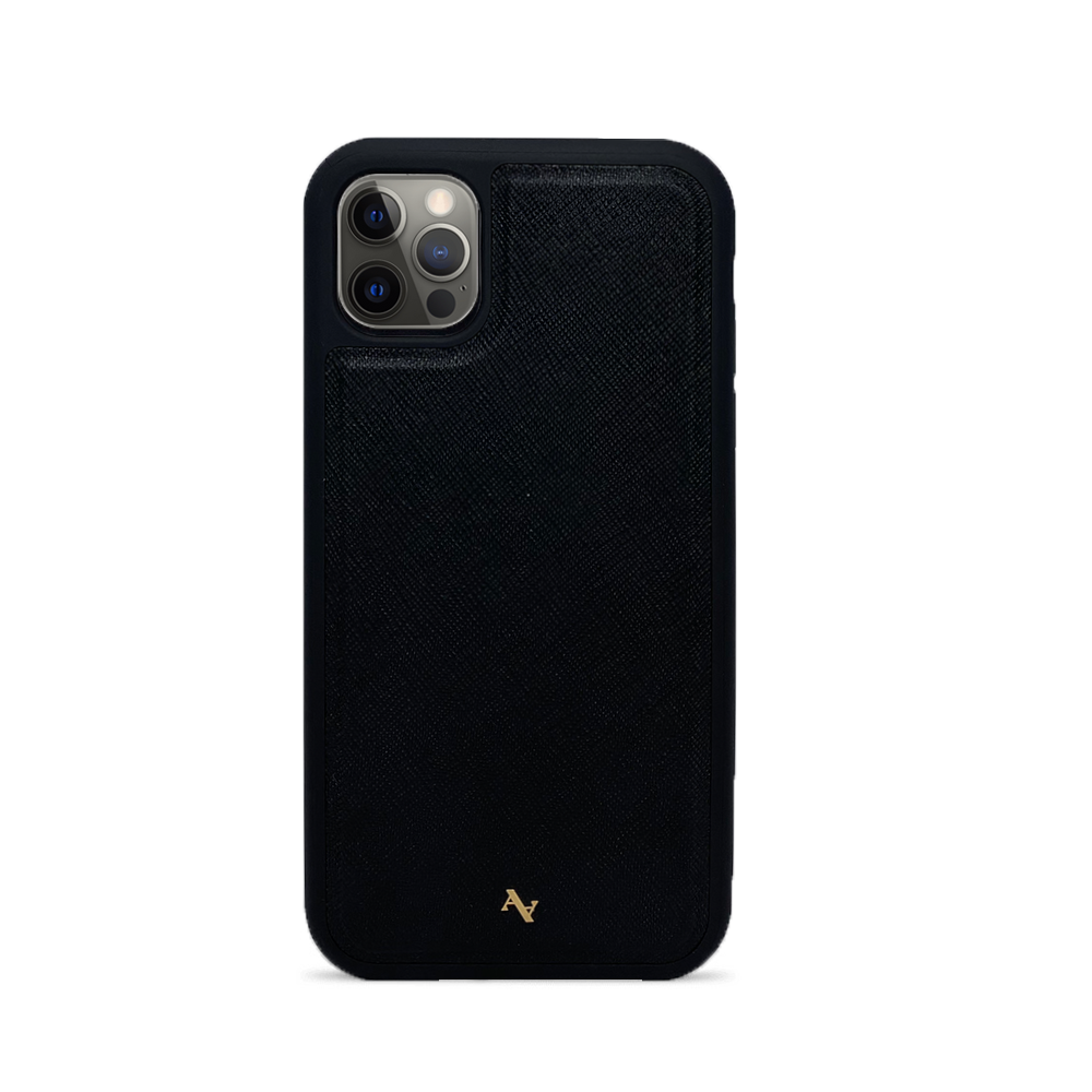 Wild Child Black iPhone 12 Pro Leather Case made from genuine saffiano leather with a soft rubber rim for protection.