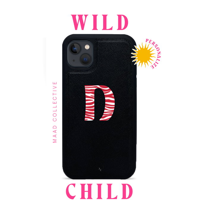 Wild Child Black iPhone 13 Mini Leather Case made from vegan saffiano leather with a soft rubber rim, showcasing personalization options.