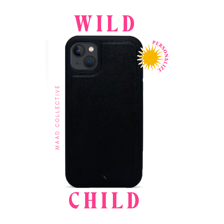 Wild Child Black iPhone 13 Mini Leather Case made from vegan saffiano leather with a soft rubber rim, showcasing personalization options.