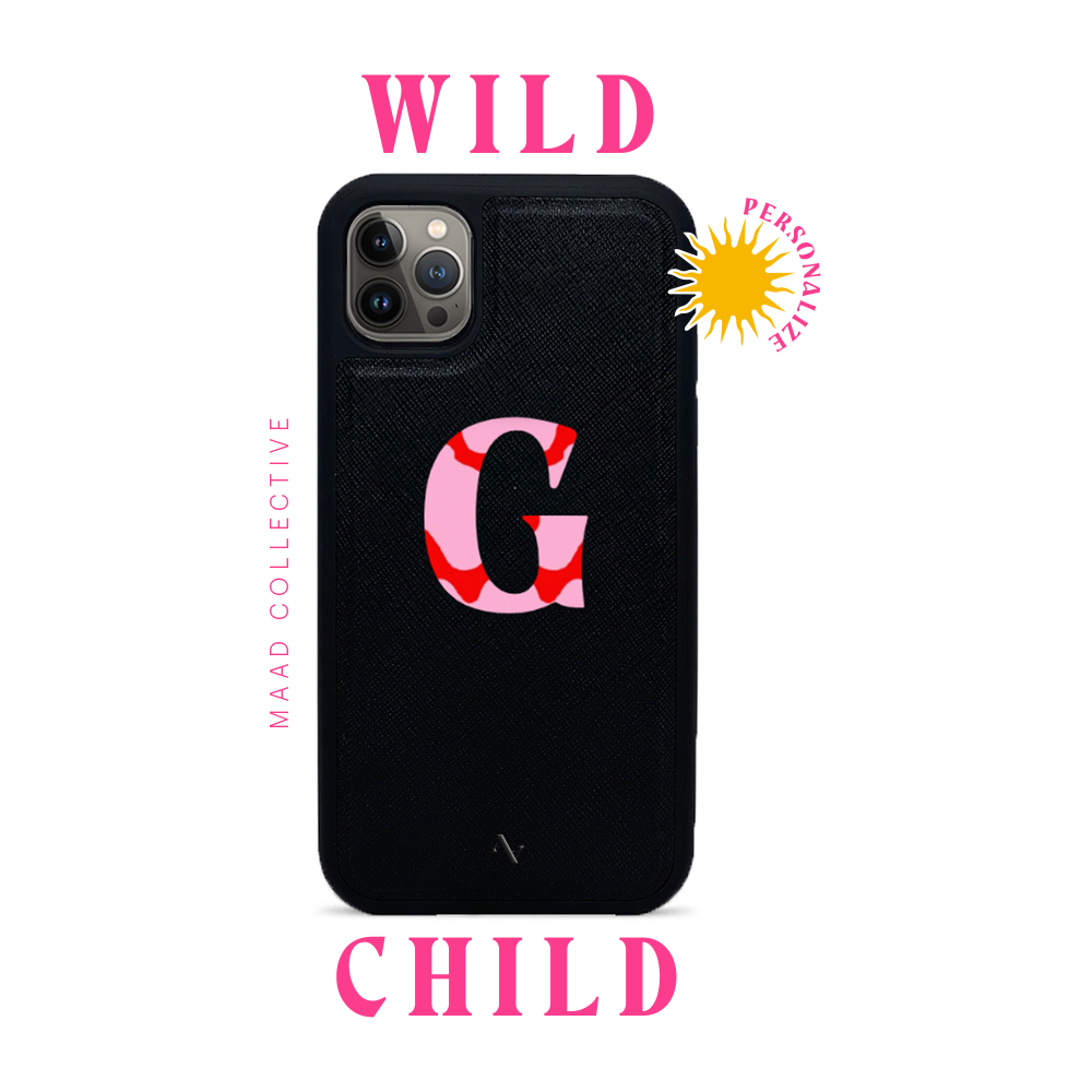 Wild Child Black iPhone 13 Pro Leather Case made from vegan saffiano leather with a soft rubber rim, showcasing personalization options.