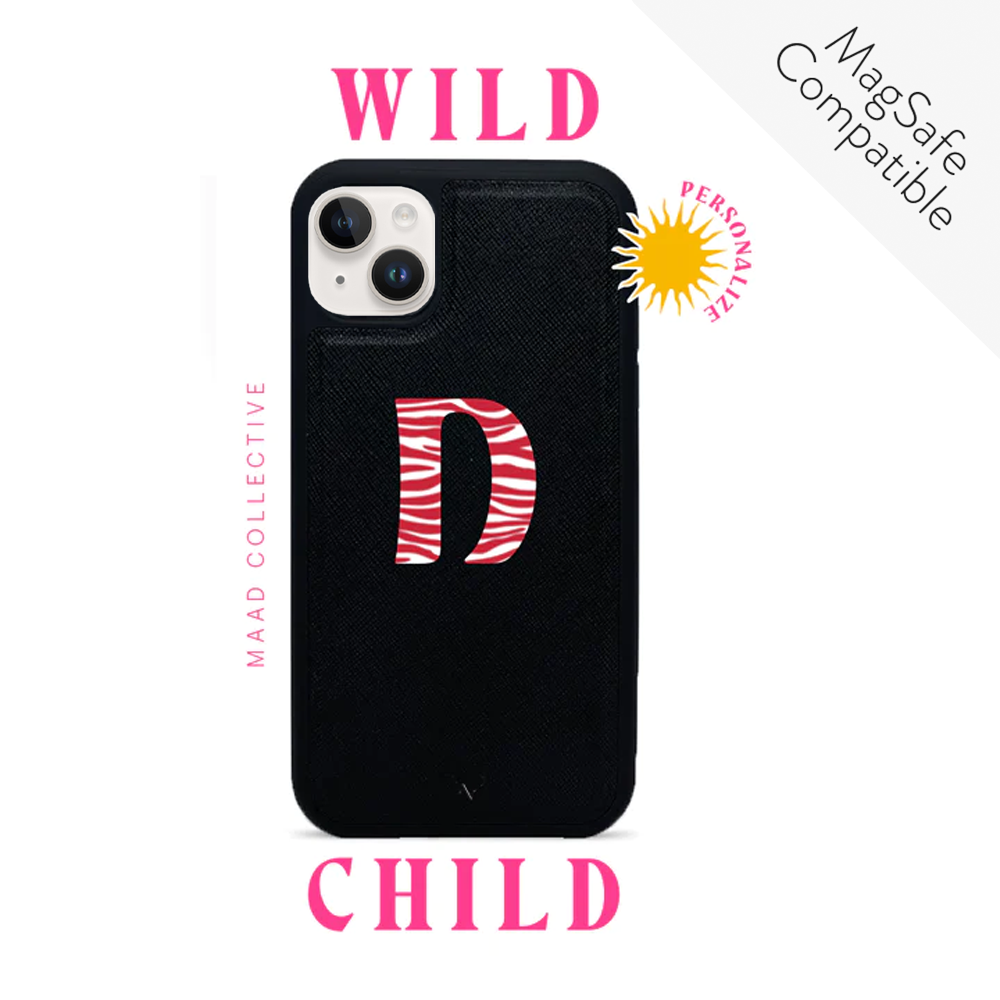 Wild Child Black iPhone 14 Leather Case made from vegan saffiano leather with a soft rubber rim, showcasing personalization options.