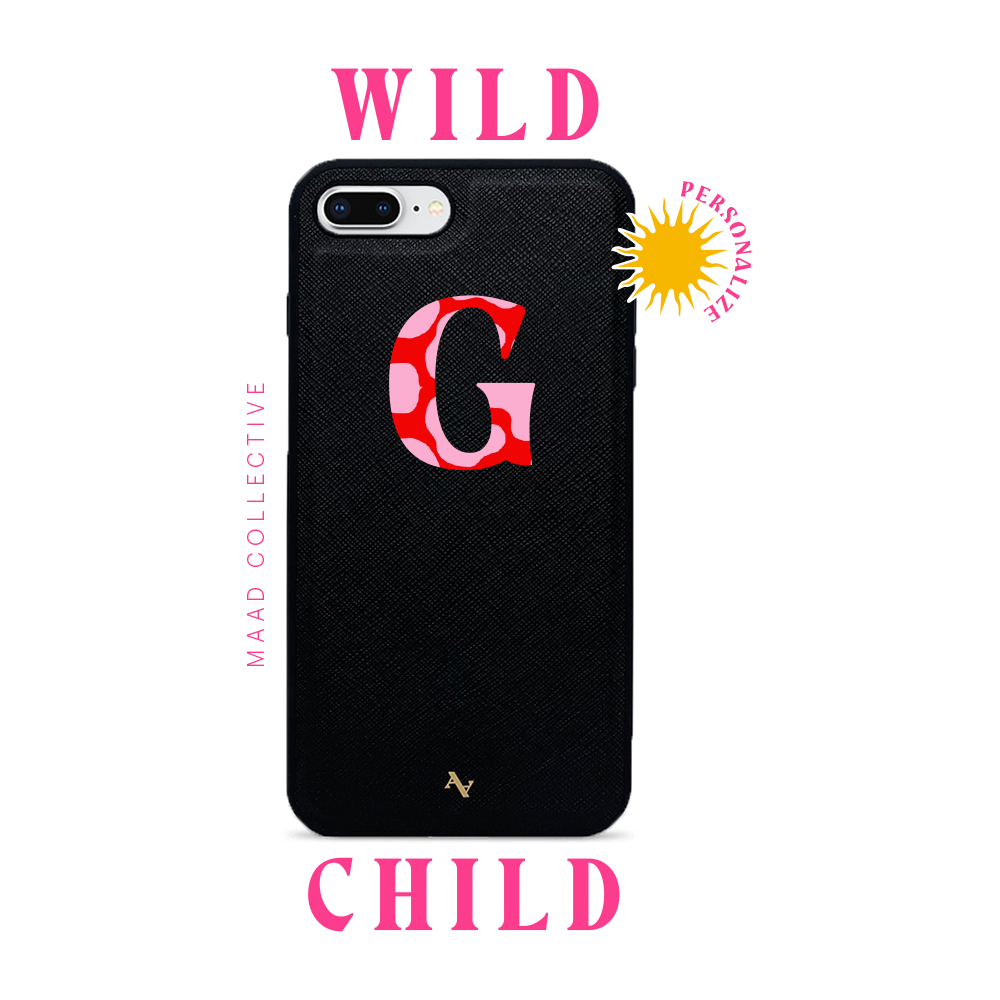 Wild Child Black Leather Case for iPhone 7/8 Plus, featuring saffiano leather and rubber rim for protection.