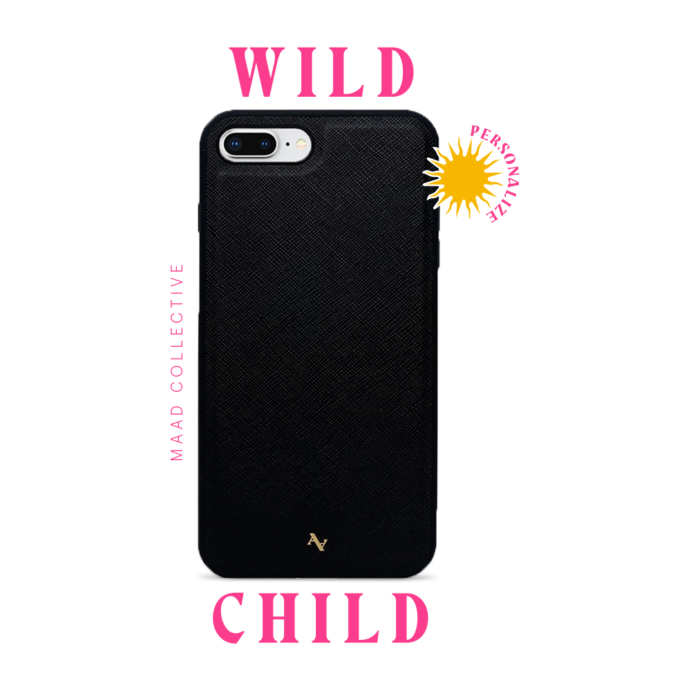 Wild Child Black Leather Case for iPhone 7/8 Plus, featuring saffiano leather and rubber rim for protection.