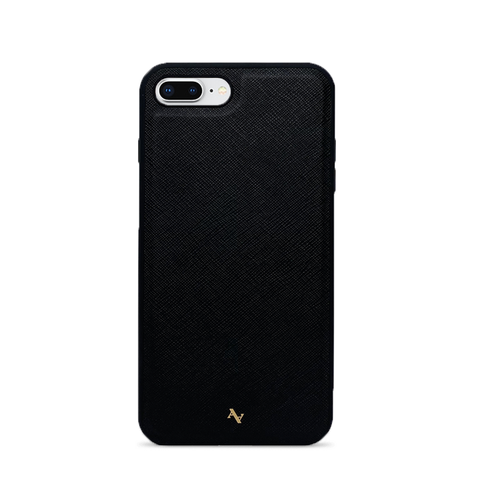 Wild Child Black Leather Case for iPhone 7/8 Plus, featuring saffiano leather and rubber rim for protection.