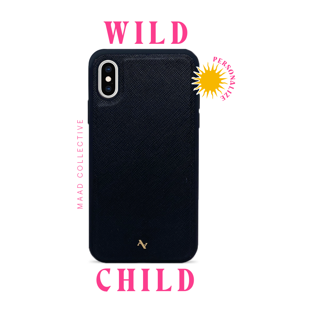 Wild Child Black Leather Case for iPhone X/XS featuring saffiano leather and rubber rim, customizable with unique typography and animal prints.