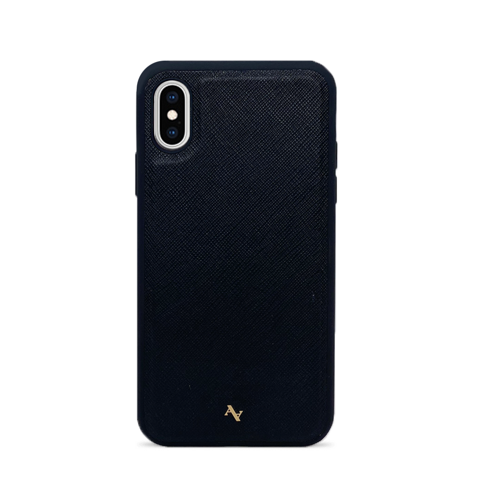 Wild Child Black Leather Case for iPhone X/XS featuring saffiano leather and rubber rim, customizable with unique typography and animal prints.