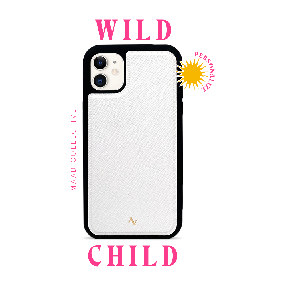 Wild Child White iPhone 11 Leather Case made from vegan saffiano leather with customizable typography and animal print designs.