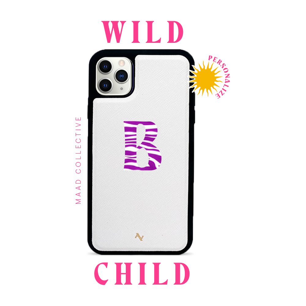 Wild Child White iPhone 11 Pro Max Leather Case made from genuine saffiano leather with a soft rubber rim, featuring customizable typography options.