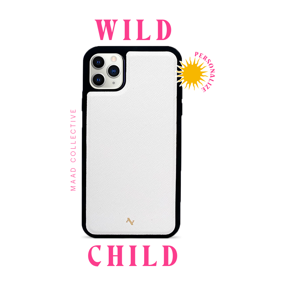 Wild Child White iPhone 11 Pro Max Leather Case made from genuine saffiano leather with a soft rubber rim, featuring customizable typography options.