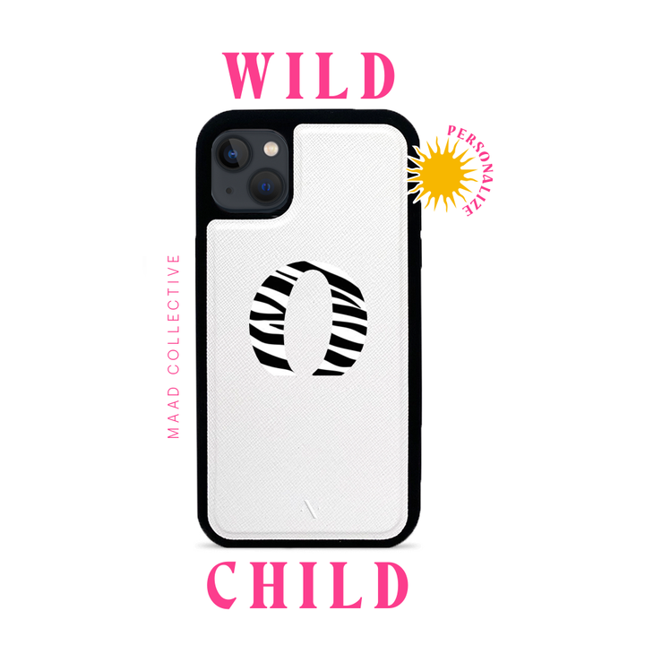 Wild Child White iPhone 13 Leather Case made from vegan saffiano leather with a soft rubber rim, showcasing personalization options.