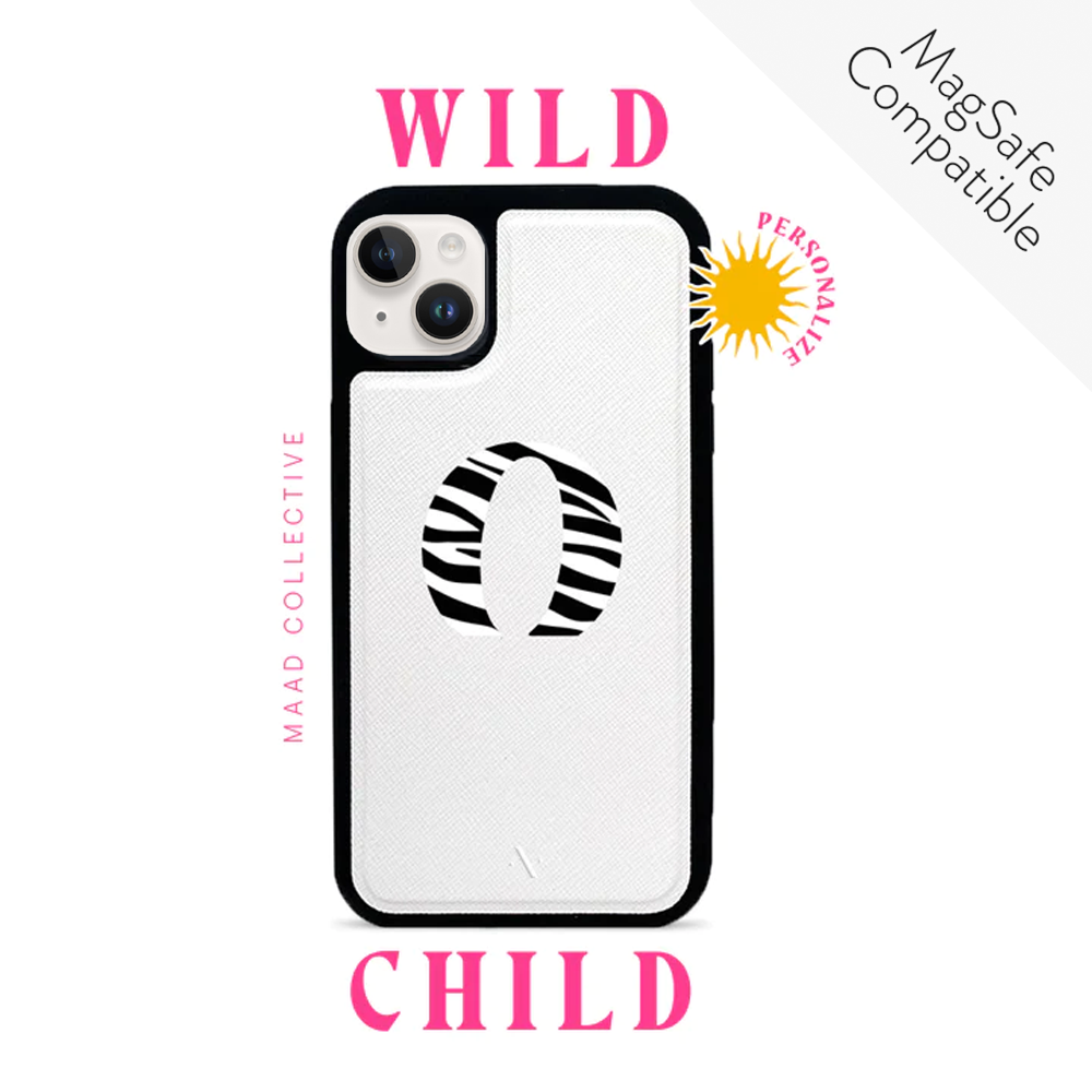 Wild Child White iPhone 14 Leather Case made from vegan saffiano leather with a soft rubber rim, showcasing personalization options.